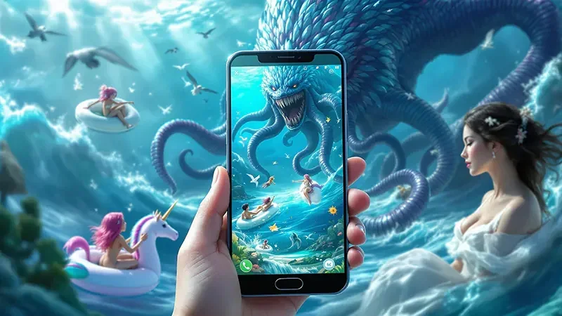 Tampilan permainan tembak ikan mobile dengan efek bawah laut